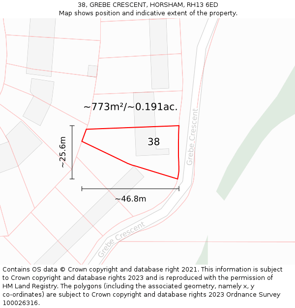 38, GREBE CRESCENT, HORSHAM, RH13 6ED: Plot and title map