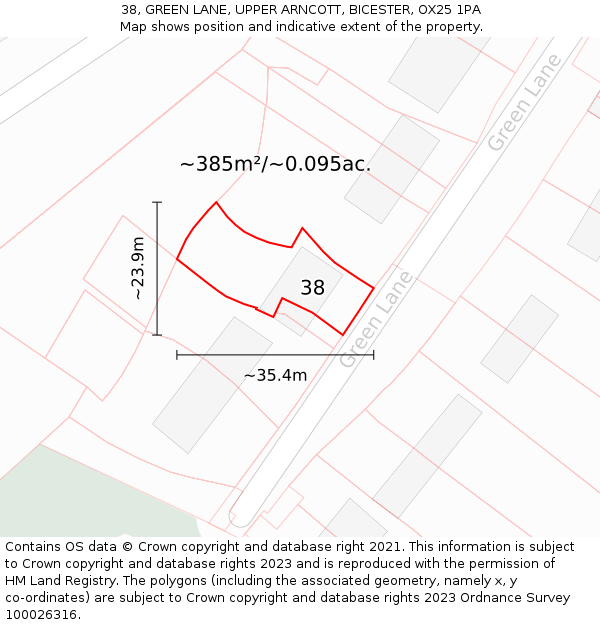 38, GREEN LANE, UPPER ARNCOTT, BICESTER, OX25 1PA: Plot and title map