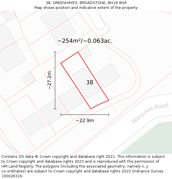 38, GREENHAYES, BROADSTONE, BH18 8NA: Plot and title map