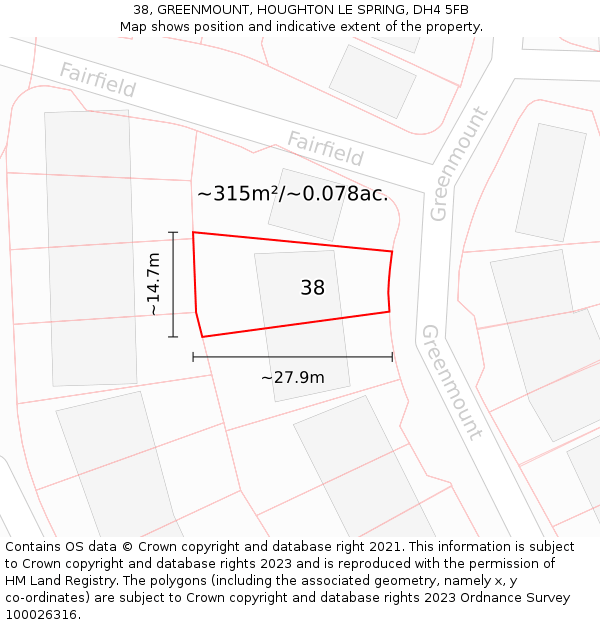 38, GREENMOUNT, HOUGHTON LE SPRING, DH4 5FB: Plot and title map