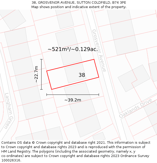 38, GROSVENOR AVENUE, SUTTON COLDFIELD, B74 3PE: Plot and title map