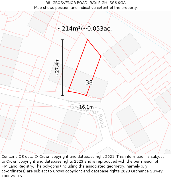 38, GROSVENOR ROAD, RAYLEIGH, SS6 9GA: Plot and title map