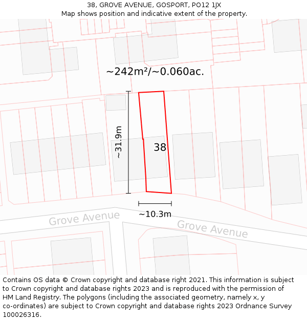 38, GROVE AVENUE, GOSPORT, PO12 1JX: Plot and title map