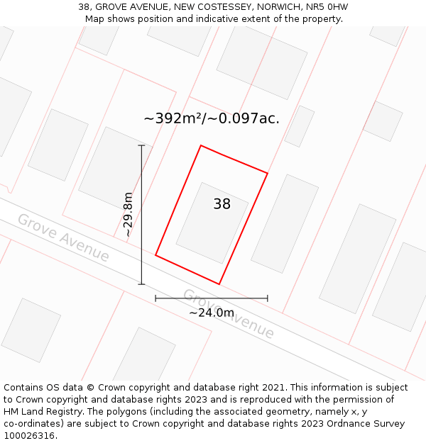 38, GROVE AVENUE, NEW COSTESSEY, NORWICH, NR5 0HW: Plot and title map