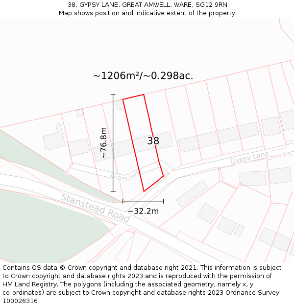 38, GYPSY LANE, GREAT AMWELL, WARE, SG12 9RN: Plot and title map