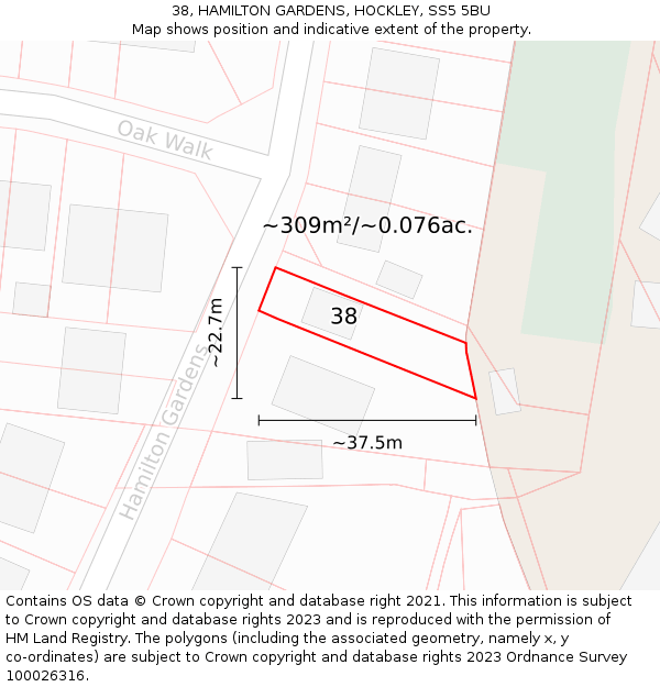 38, HAMILTON GARDENS, HOCKLEY, SS5 5BU: Plot and title map