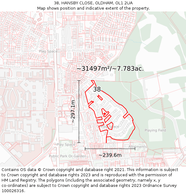 38, HANSBY CLOSE, OLDHAM, OL1 2UA: Plot and title map