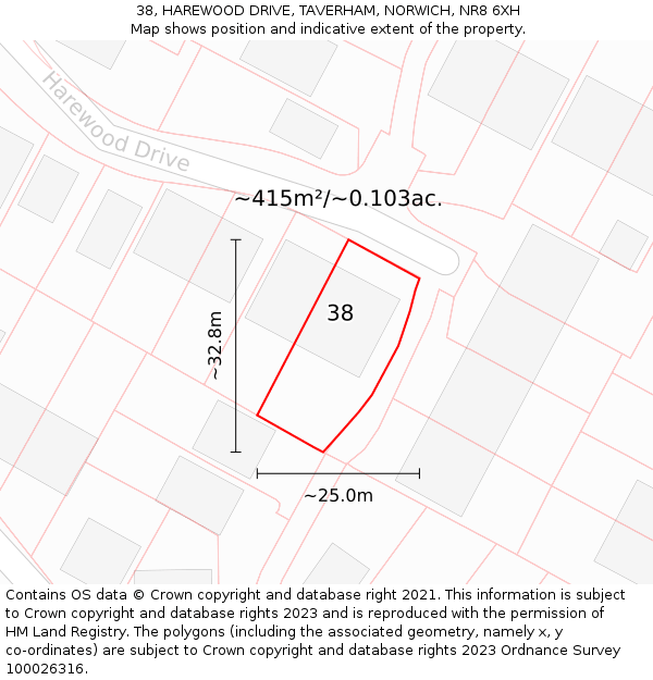 38, HAREWOOD DRIVE, TAVERHAM, NORWICH, NR8 6XH: Plot and title map