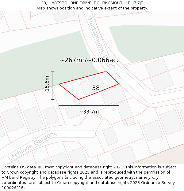 38, HARTSBOURNE DRIVE, BOURNEMOUTH, BH7 7JB: Plot and title map