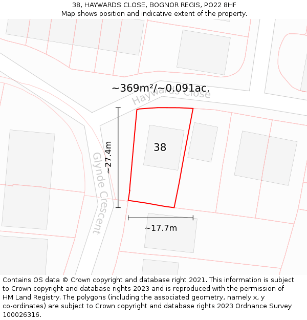 38, HAYWARDS CLOSE, BOGNOR REGIS, PO22 8HF: Plot and title map