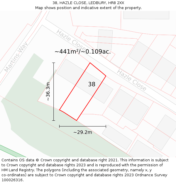 38, HAZLE CLOSE, LEDBURY, HR8 2XX: Plot and title map