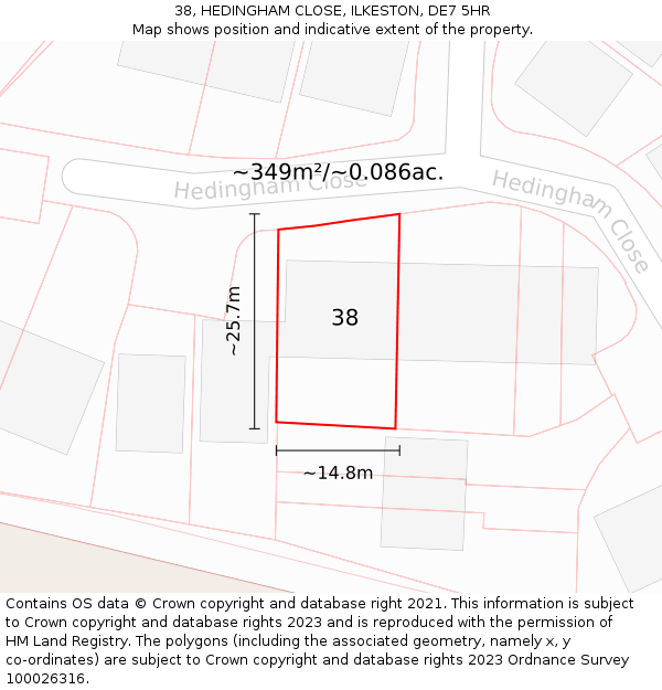38, HEDINGHAM CLOSE, ILKESTON, DE7 5HR: Plot and title map