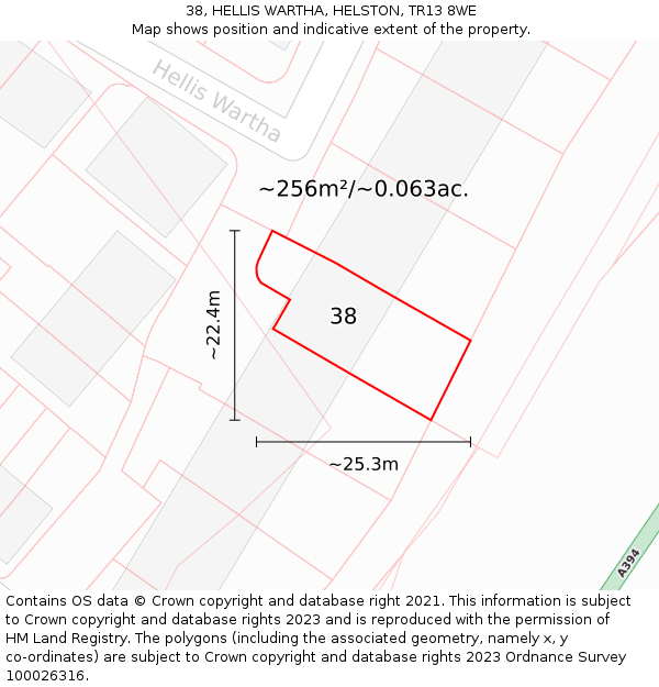 38, HELLIS WARTHA, HELSTON, TR13 8WE: Plot and title map