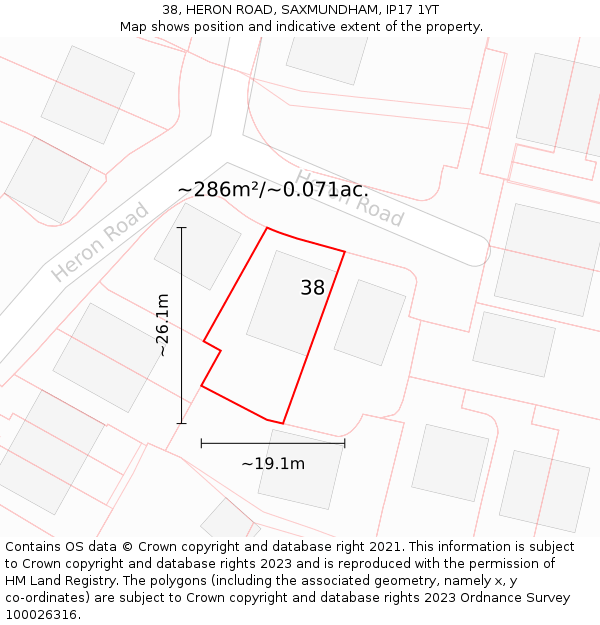 38, HERON ROAD, SAXMUNDHAM, IP17 1YT: Plot and title map