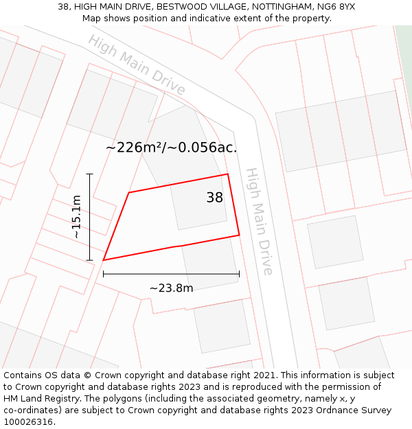 38, HIGH MAIN DRIVE, BESTWOOD VILLAGE, NOTTINGHAM, NG6 8YX: Plot and title map