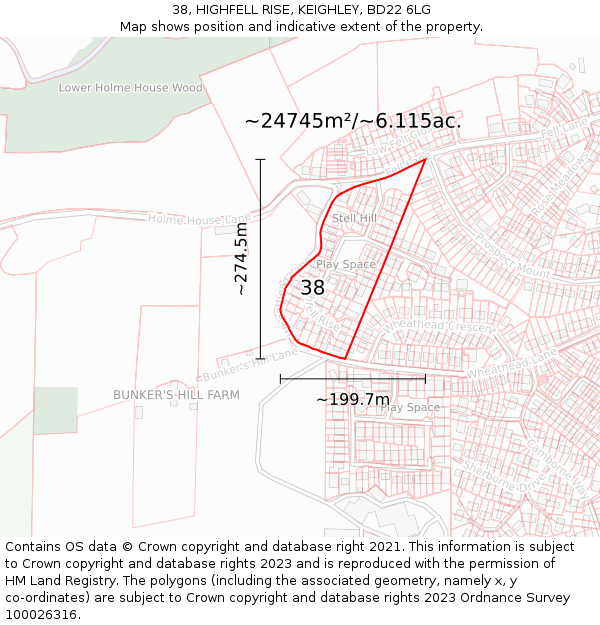 38, HIGHFELL RISE, KEIGHLEY, BD22 6LG: Plot and title map