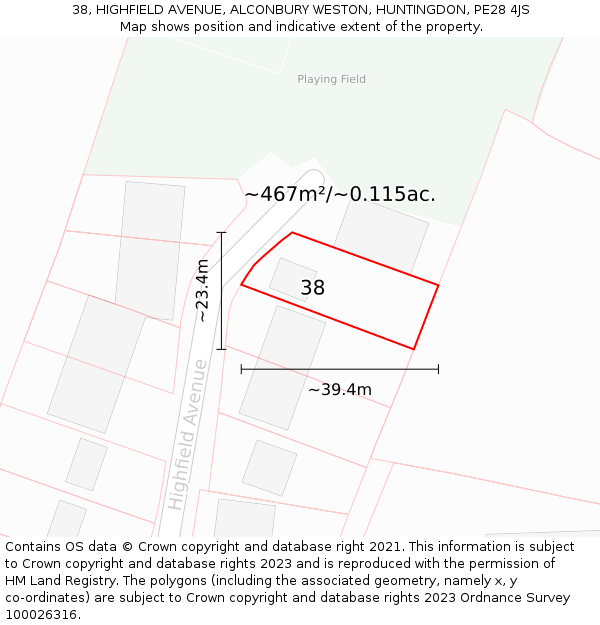 38, HIGHFIELD AVENUE, ALCONBURY WESTON, HUNTINGDON, PE28 4JS: Plot and title map