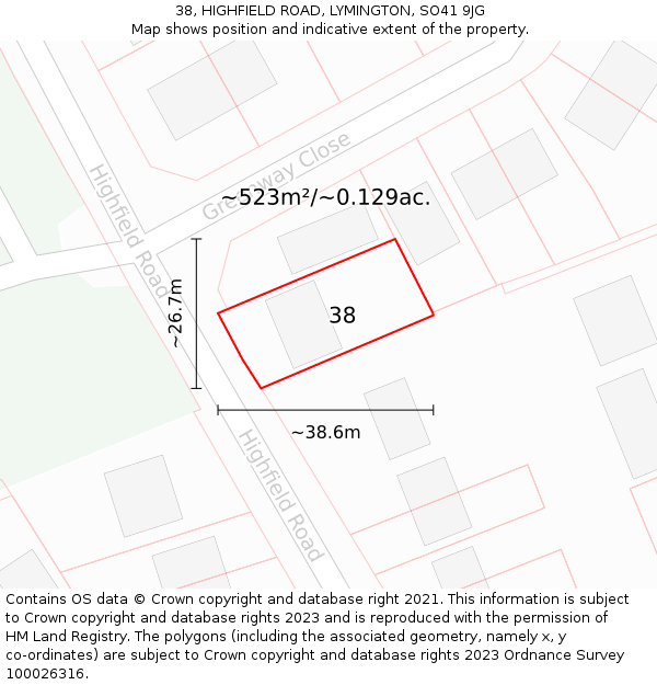 38, HIGHFIELD ROAD, LYMINGTON, SO41 9JG: Plot and title map