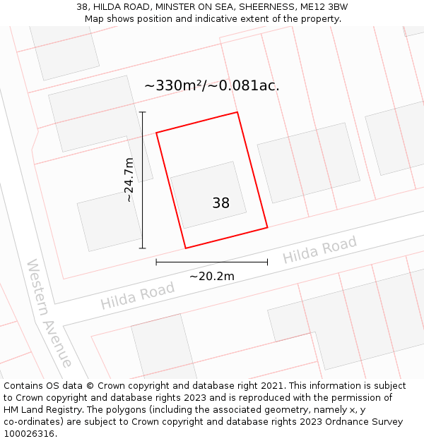 38, HILDA ROAD, MINSTER ON SEA, SHEERNESS, ME12 3BW: Plot and title map