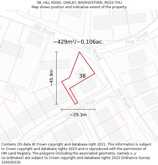 38, HILL ROAD, OAKLEY, BASINGSTOKE, RG23 7HU: Plot and title map