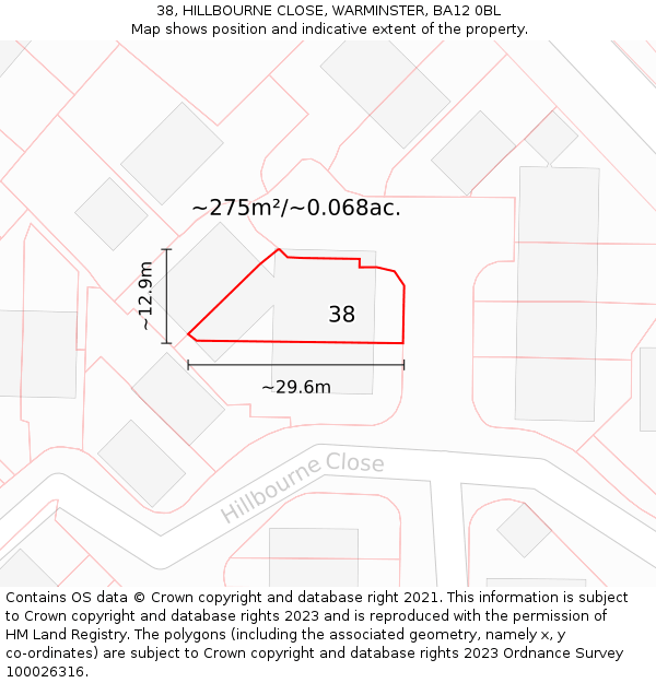 38, HILLBOURNE CLOSE, WARMINSTER, BA12 0BL: Plot and title map