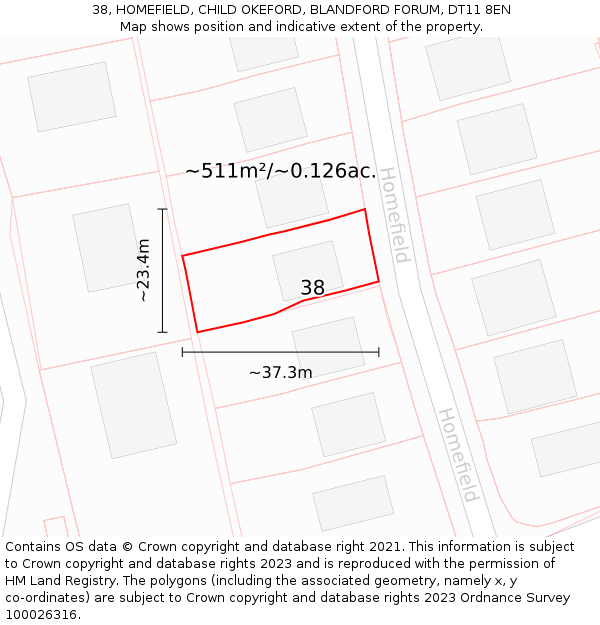 38, HOMEFIELD, CHILD OKEFORD, BLANDFORD FORUM, DT11 8EN: Plot and title map