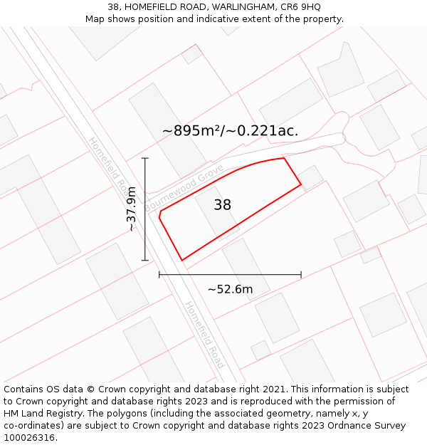 38, HOMEFIELD ROAD, WARLINGHAM, CR6 9HQ: Plot and title map