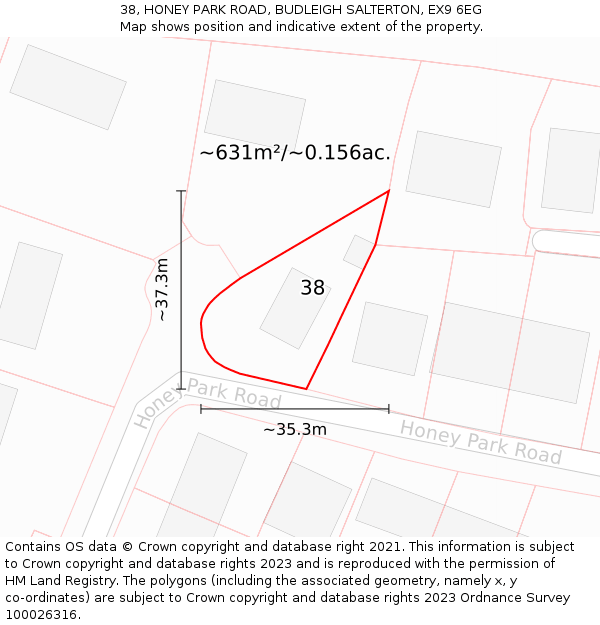 38, HONEY PARK ROAD, BUDLEIGH SALTERTON, EX9 6EG: Plot and title map