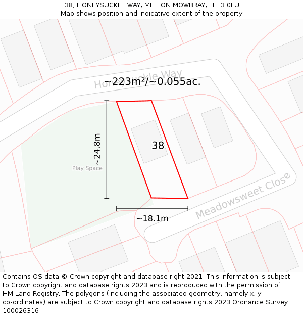 38, HONEYSUCKLE WAY, MELTON MOWBRAY, LE13 0FU: Plot and title map