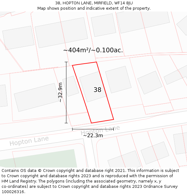 38, HOPTON LANE, MIRFIELD, WF14 8JU: Plot and title map