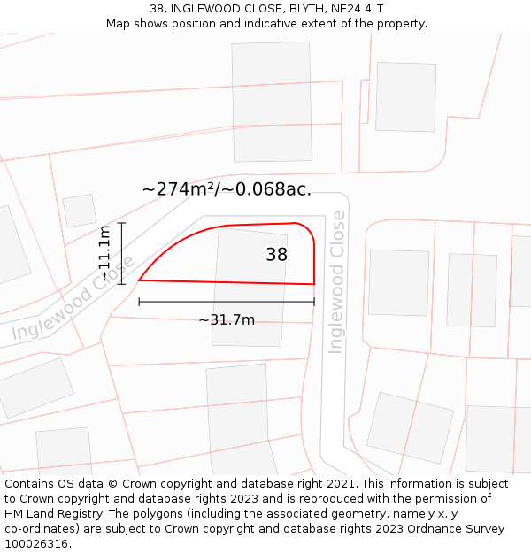 38, INGLEWOOD CLOSE, BLYTH, NE24 4LT: Plot and title map