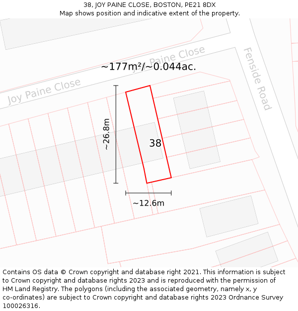 38, JOY PAINE CLOSE, BOSTON, PE21 8DX: Plot and title map