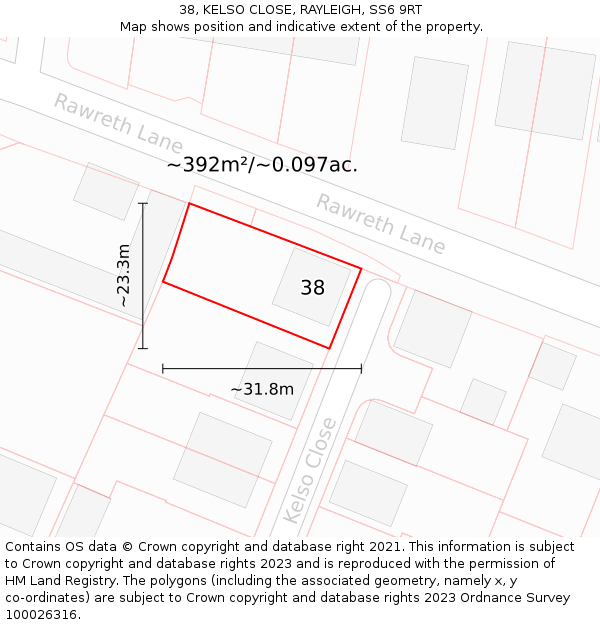 38, KELSO CLOSE, RAYLEIGH, SS6 9RT: Plot and title map