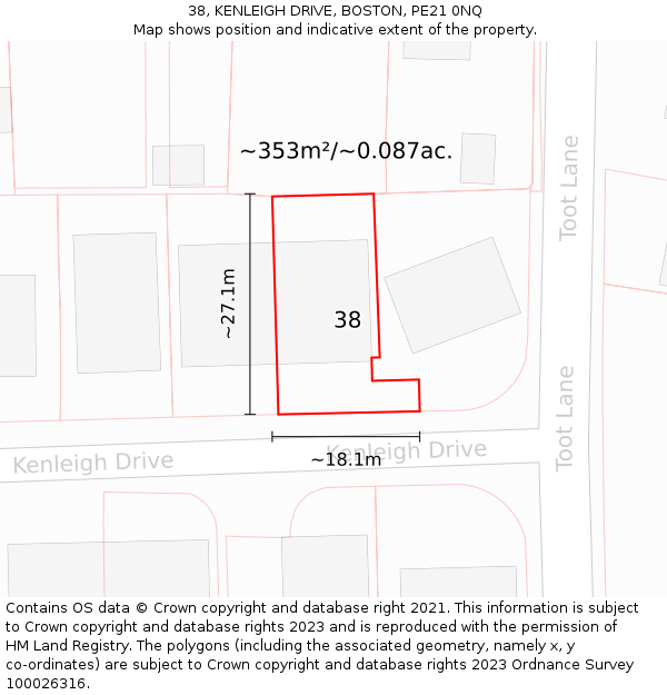 38, KENLEIGH DRIVE, BOSTON, PE21 0NQ: Plot and title map