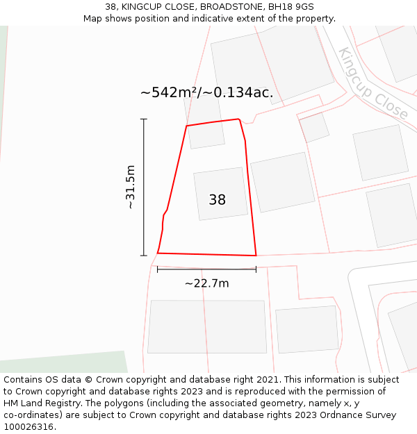 38, KINGCUP CLOSE, BROADSTONE, BH18 9GS: Plot and title map