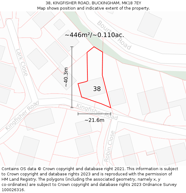 38, KINGFISHER ROAD, BUCKINGHAM, MK18 7EY: Plot and title map