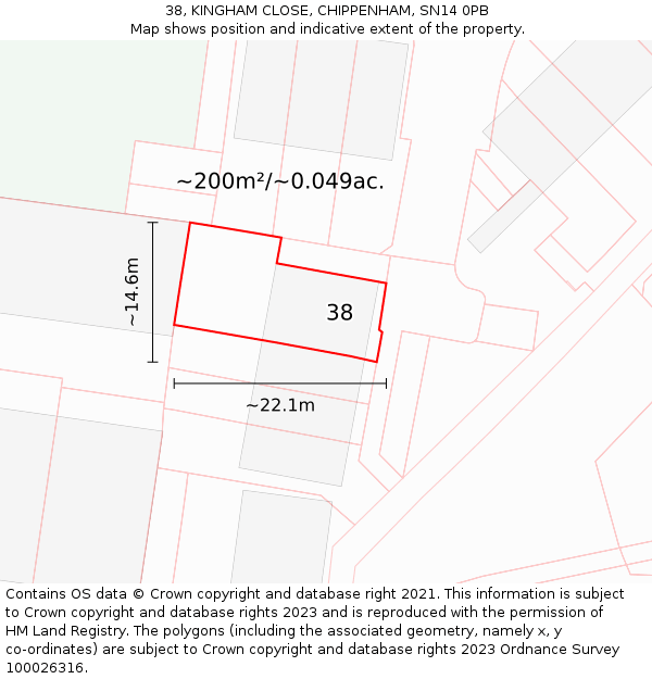 38, KINGHAM CLOSE, CHIPPENHAM, SN14 0PB: Plot and title map