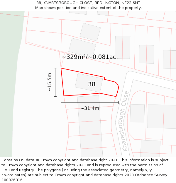 38, KNARESBOROUGH CLOSE, BEDLINGTON, NE22 6NT: Plot and title map