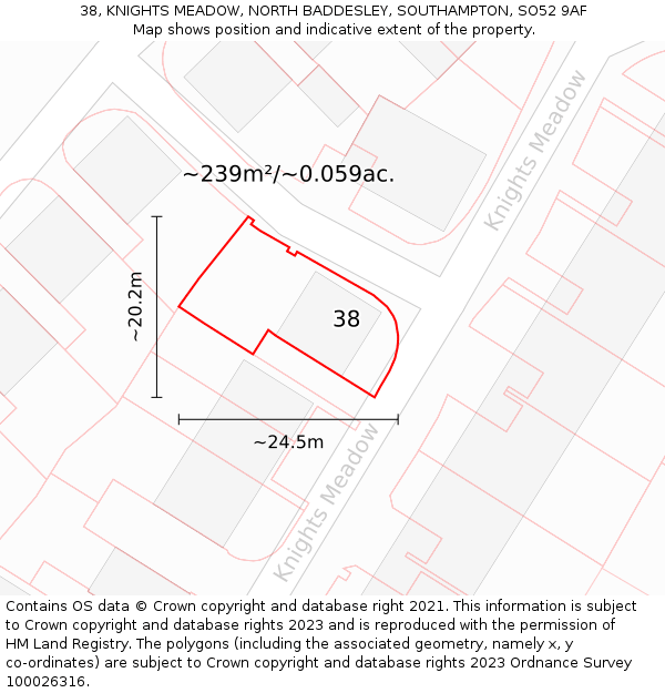 38, KNIGHTS MEADOW, NORTH BADDESLEY, SOUTHAMPTON, SO52 9AF: Plot and title map