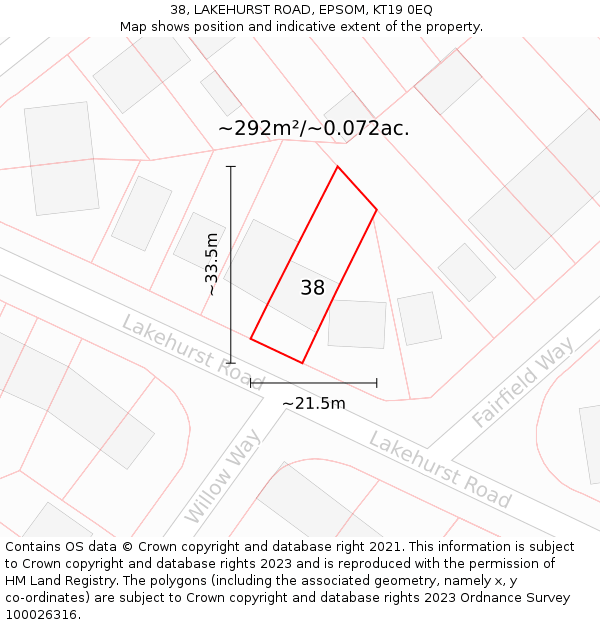 38, LAKEHURST ROAD, EPSOM, KT19 0EQ: Plot and title map