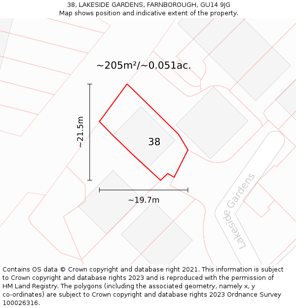 38, LAKESIDE GARDENS, FARNBOROUGH, GU14 9JG: Plot and title map