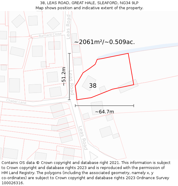 38, LEAS ROAD, GREAT HALE, SLEAFORD, NG34 9LP: Plot and title map