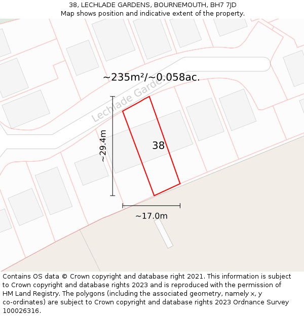 38, LECHLADE GARDENS, BOURNEMOUTH, BH7 7JD: Plot and title map