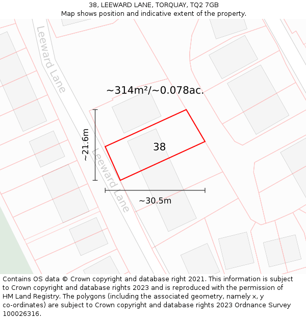 38, LEEWARD LANE, TORQUAY, TQ2 7GB: Plot and title map