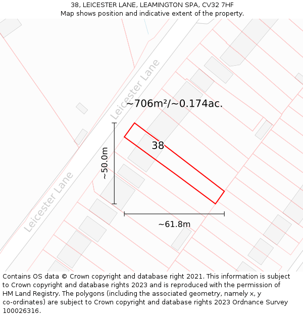 38, LEICESTER LANE, LEAMINGTON SPA, CV32 7HF: Plot and title map