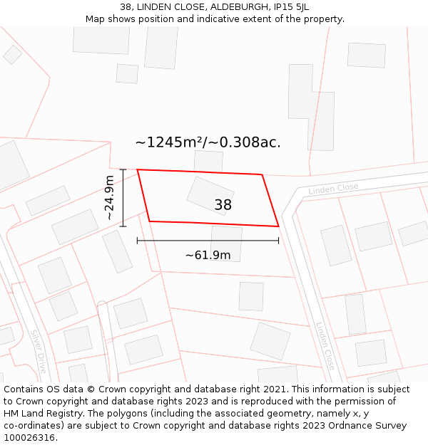 38, LINDEN CLOSE, ALDEBURGH, IP15 5JL: Plot and title map