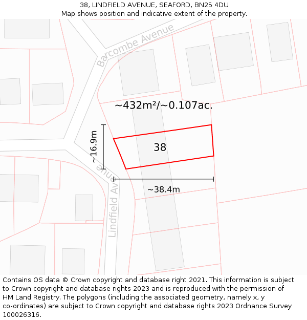 38, LINDFIELD AVENUE, SEAFORD, BN25 4DU: Plot and title map