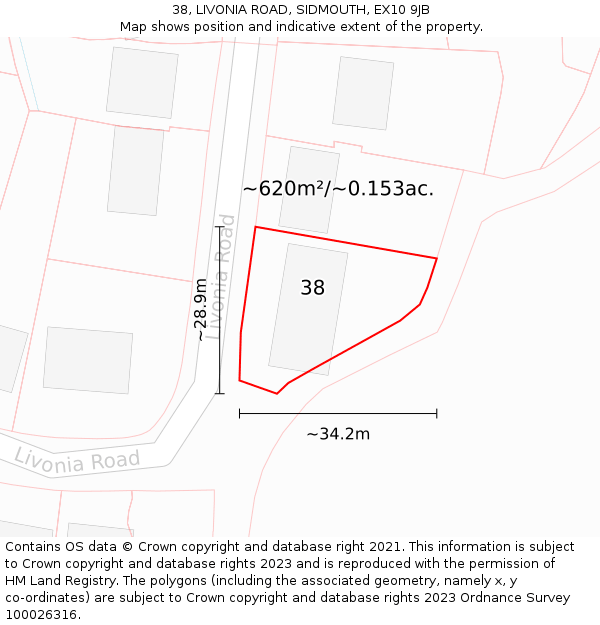 38, LIVONIA ROAD, SIDMOUTH, EX10 9JB: Plot and title map