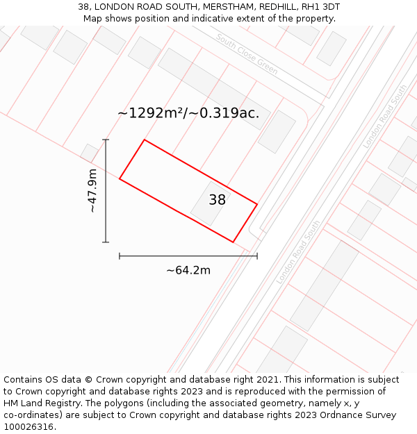 38, LONDON ROAD SOUTH, MERSTHAM, REDHILL, RH1 3DT: Plot and title map
