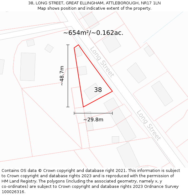 38, LONG STREET, GREAT ELLINGHAM, ATTLEBOROUGH, NR17 1LN: Plot and title map